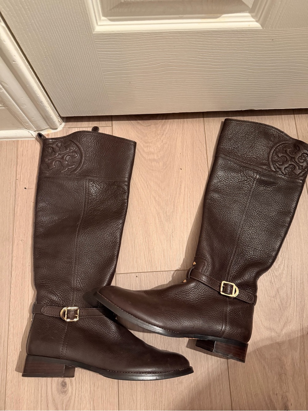 Tory Burch Dark Brown Leather Riding Boots with Gold Buckle